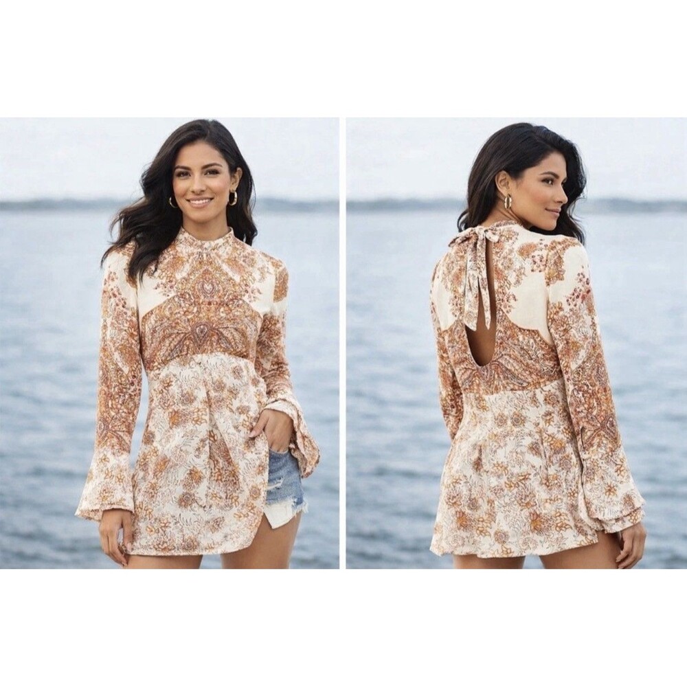 FREE PEOPLE Floral Tunic Festival Lady Luck Boho Open Back Long Sleeve Small